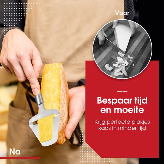 Persoon snijdt een stuk kaas met een kaasschaaf. "Bespaar tijd en moeite"