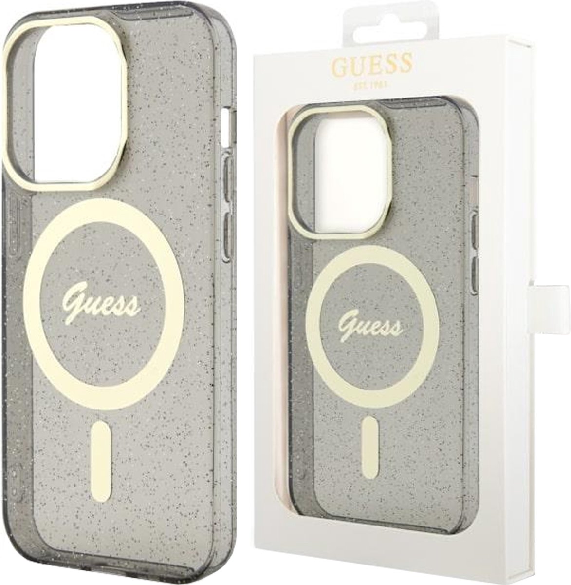 Guess - GUHMP14SHCMCGK - hoesje voor iPhone - 14 - zwart - Glitter - Goud - MagSafe