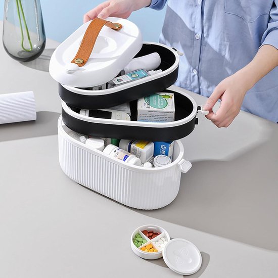 Medicijnbox, groot, met tablettenbox, 3 etages, medicijnenopslag