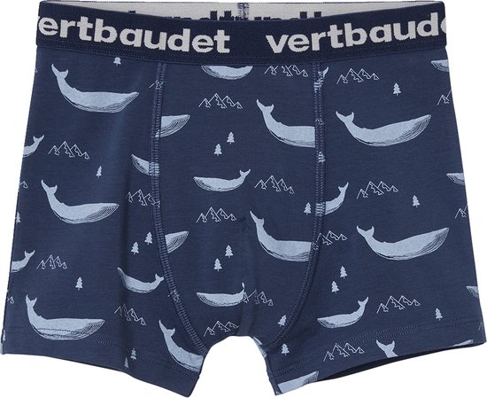 Boxers garçon bleu marine avec un imprimé all-over de baleines bleu clair, de montagnes et de petits arbres. Ceinture bleu marine avec logo "vertbaudet".