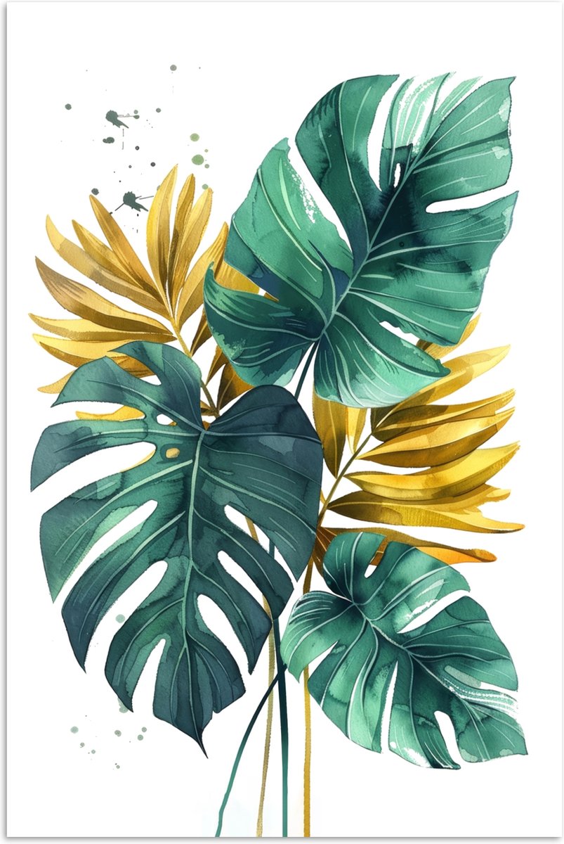 Poster 40x60 cm - Bladeren - Monstera - Groen - Goud - Modern - Posters - Wanddecoratie ba