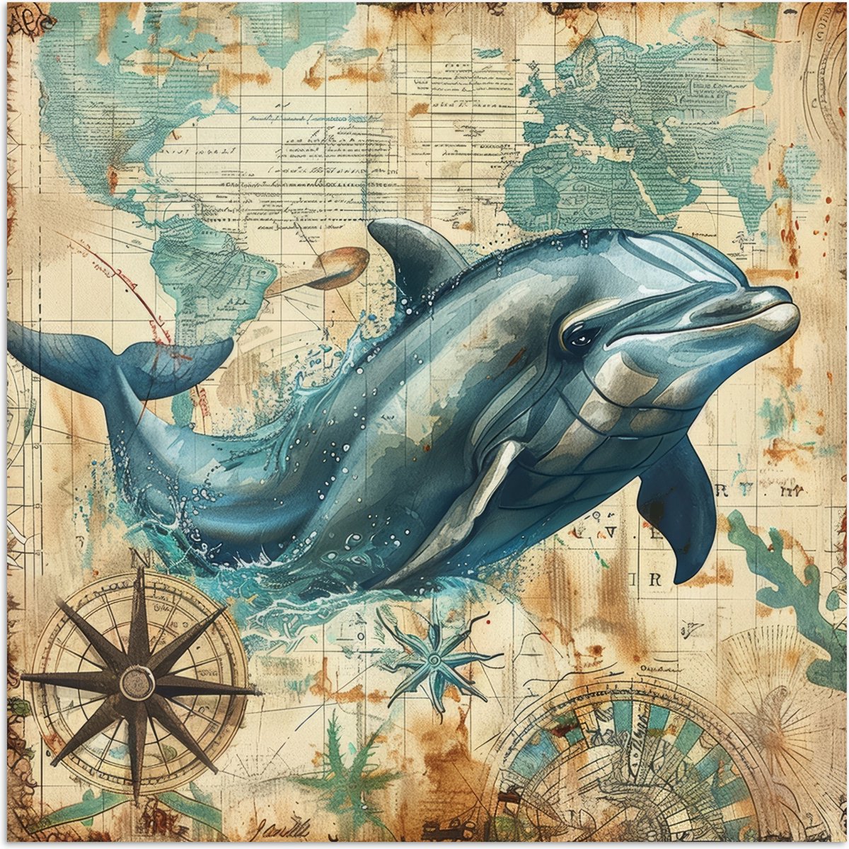 Poster 75x75 cm - Vintage - Dolfijn - Dieren - Watercolor - Blauw - Posters - Wanddecorati