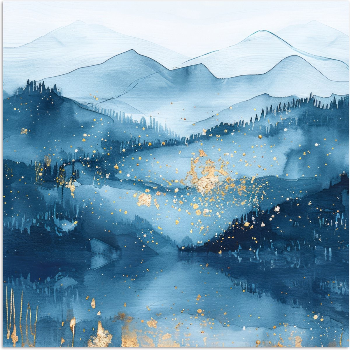 Poster 30x30 cm - Landschap - Blauw - Modern - Goud - Abstract - Posters - Wanddecoratie b