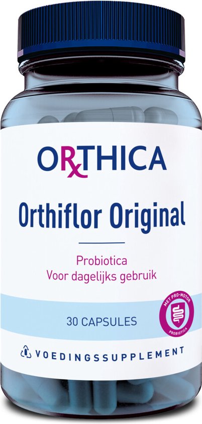 Glazen pot met blauw deksel, gevuld met capsules. Label met "ORTHICA Orthiflor Original Probiotica Voor dagelijks gebruik 30 CAPSULES VOEDINGSSUPPLEMENT".