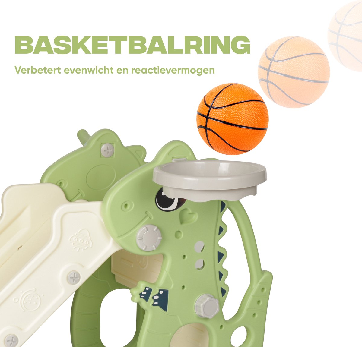 Rockerz Premium Glijbaan - Voor binnen en buiten - Speelplezier gegarandeerd - Opvouwbaar - Veilige dichte trap - Ringen spel - Basketbal ring (inclusief bal) - Muziek beertje - Kleur: Lichtgroen — afbeelding 7