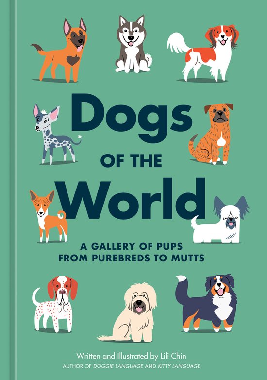 Boekomslag met de titel 'Dogs of the World' en illustraties van negen verschillende hondenrassen.