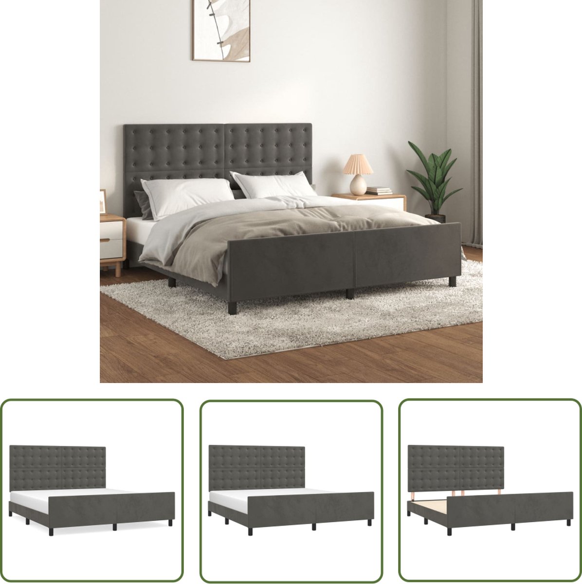 The Living Store Bedframe Fluweel Donkergrijs - 203x166x118/128 cm - Verstelbaar hoofdeinde