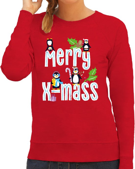 Bellatio Decorations Foute Kersttrui voor dames - Merry X-Mass - rood - kerst pinguin - schattig M