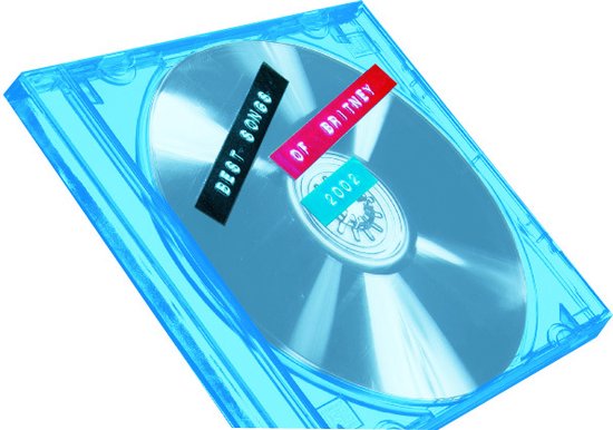 Transparant blauwe CD-hoes met een CD erop. Twee etiketten op de CD: 'BEST SONGS' en 'OF BRITNEY 2002'.