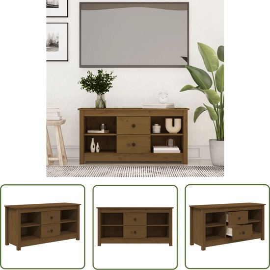 The Living Store Meuble TV en Bois de Pin - 103 x 36,5 x 52 cm - Marron Miel