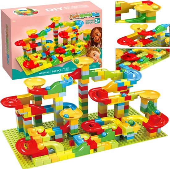 Playos® - Knikkerbaan Bouwblokken - 340 Delig - met 2 Bouwplaten - Bouwblokjes - Constructiespeelgoed - Bouwen - Bouwstenen - Educatief Speelgoed - Sinterklaas