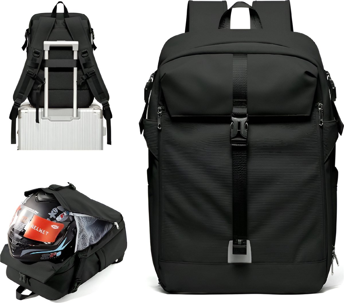 CarryQuest® - Motor Rugzak - Waterdichte Rugzak - Duurzaam Nylon - Grote Capaciteit voor Motorhelm - Reflecterende Details - Comfortabele Schouderbanden - Zwart