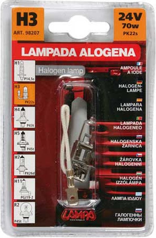 Verpakking met H3 halogeenlamp (24V 70W), met metalen voet en kabel, diverse lamp types op de achtergrond