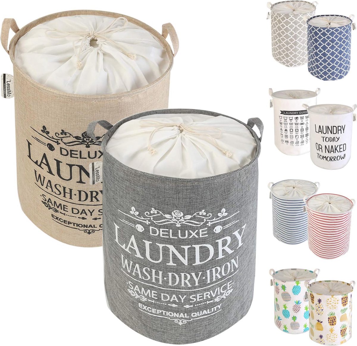 Goedkoopste Set van 2 Opvouwbare Wasmanden - Waterdichte Katoenen Wasmanden met Trekkoord en Waszakken (Groen/Geel