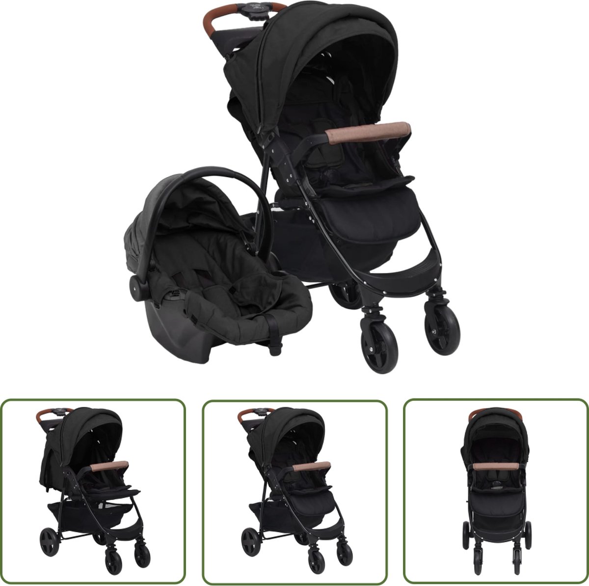 The Living Store Kinderwagen 3-in-1 - Antraciet - Staal en Linnen - 49x82x99 cm (BxDxH) - Inclusief Autostoeltje