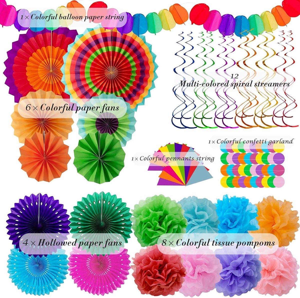 Fiesta Party Decorations Set 33Pcs, Multi-Color Cinco De Mayo Hanging Paper Fans, Paper Pom Poms, Pennant, Garland String and Banner for Fiesta, Cinco de Mayo, Birthday, Wedding or Mexican Party