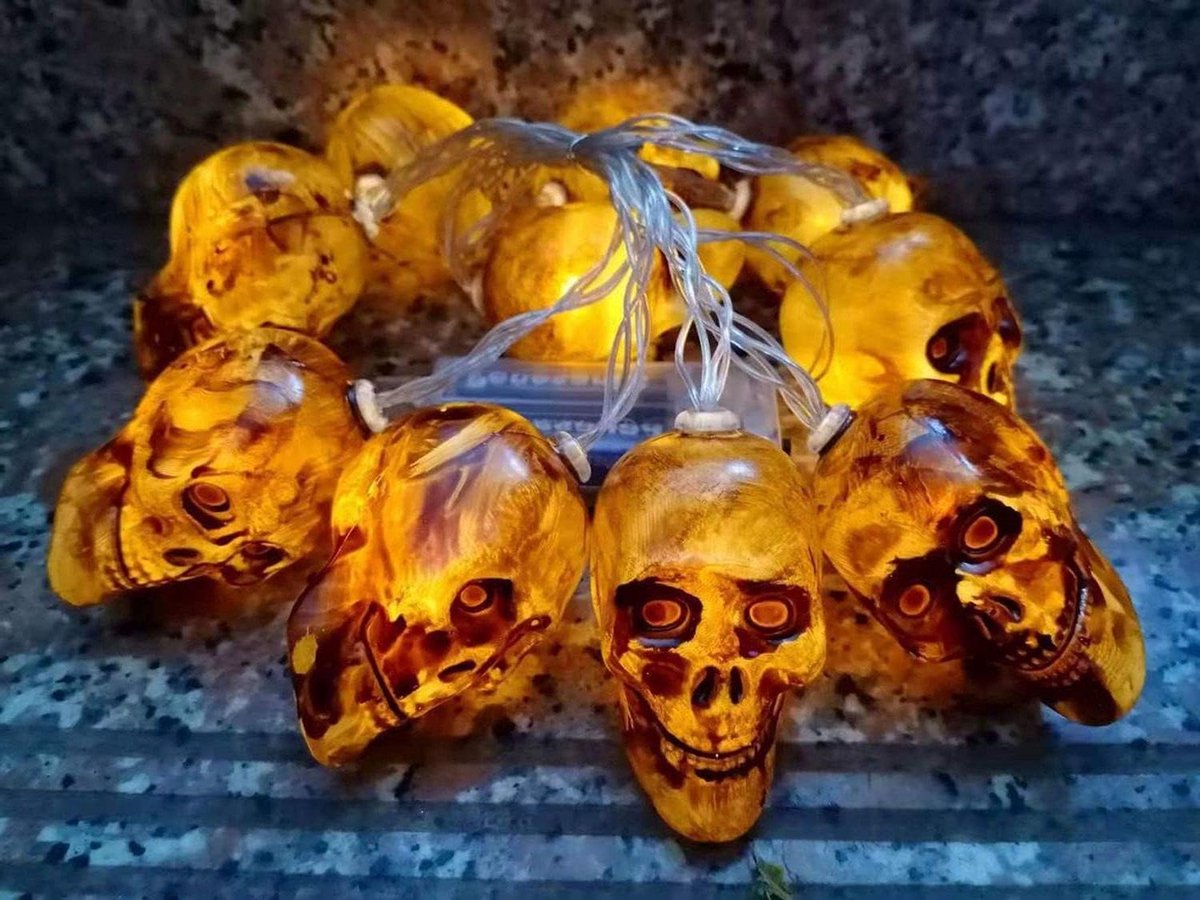 Halloween decoratie - Halloween doodshoofd snoer lichten - 15m - 10 leds - binnen decoratie verlichting op batterijen