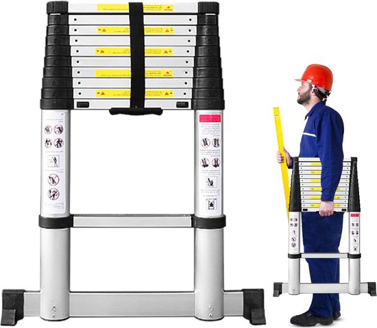 Foto: Telescopische ladder 32 m opvouwbare ladder met stabilisatorstang terugtrekmechanisme aluminium ladder belastbaar tot 150 kg telescopische ladder