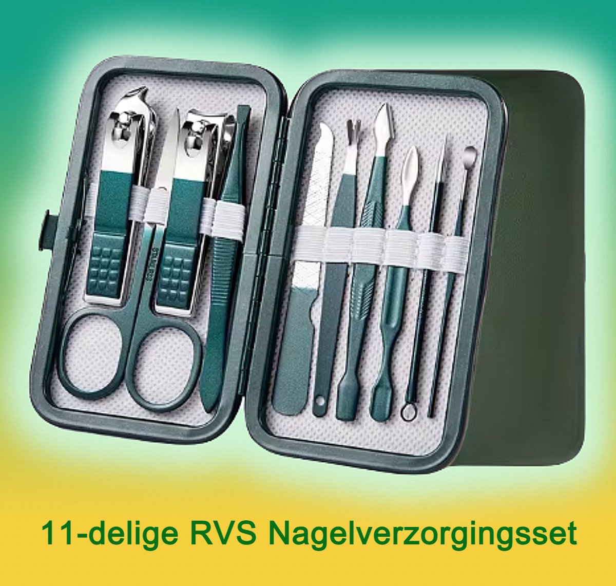 Goedkoopste Allernieuwste.nl® Professionele 11-delige Manicure Set - RVS Nagelverzorgingsset Stevig Etui Manicure Set - Groen
