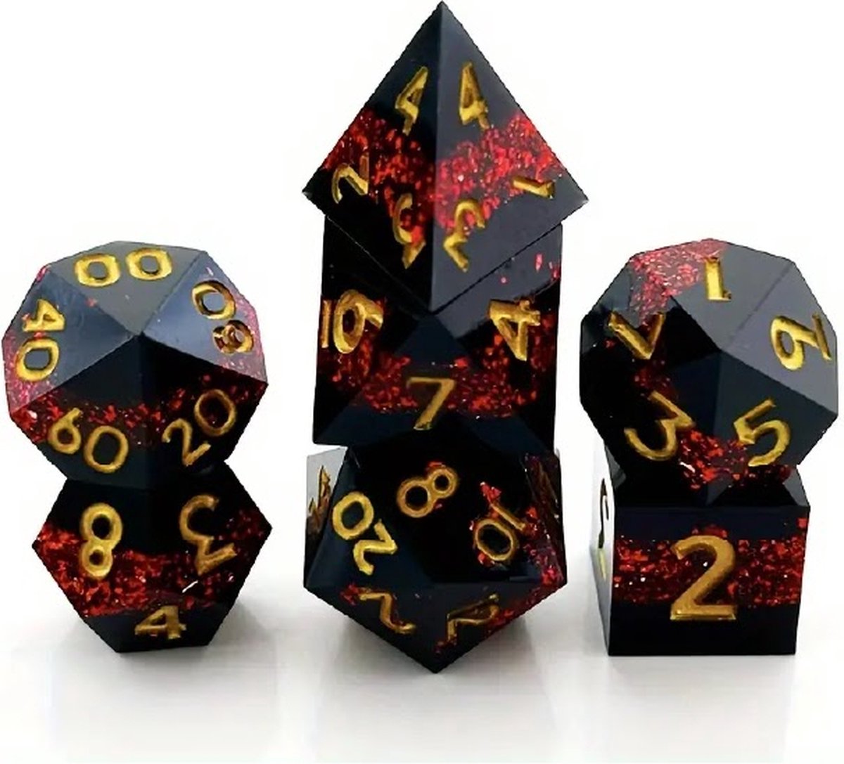 Lapi Toys - Dungeons and Dragons dobbelstenen - DnD Dice - Polydice - Dobbelstenen Dungeons Dragons - D&D dobbelstenen - DnD Dice Set - 1 set (7 stuks) - Sharp Edge - Resin - Zwart - Rood