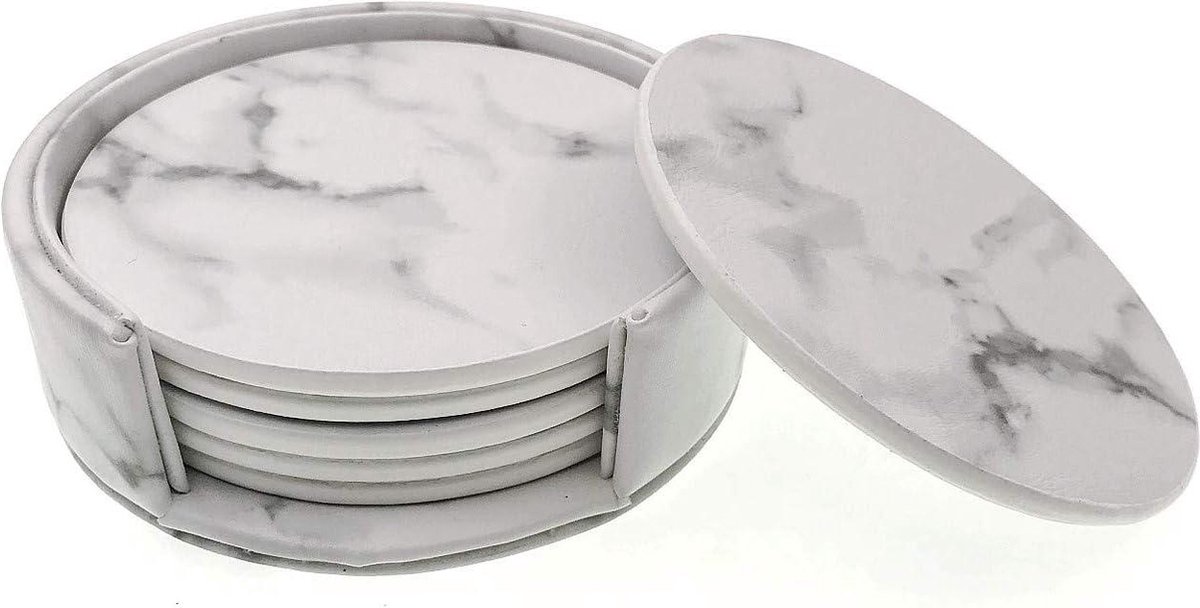Marmeren onderzetters set van 6 stuks met houder - 9,7 cm - Voor glazen en mokken