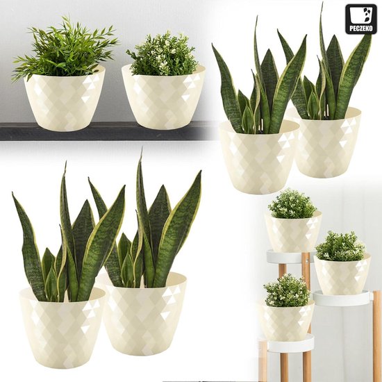 PECZEKO Bloempot mat, plantenbak van decoratieve pot in overpot kunststof Grote planten 2X bloempot set, kruidenpot, (2-pack) Mosterd, ø 22 cm