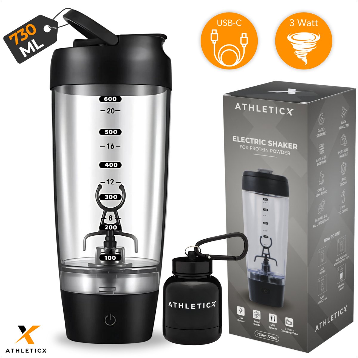 Goedkoopste Athleticx Elektrische Shakebeker – Shaker – Max inhoud 730 ml – BPA Vrij – Incl. Poeder Potje - Transparant Zwart - Proteine Shaker – USB-C Oplaadbaar - Waterfles – Bidon - Drinkfles voor Volwassenen – Blender to Go - Electric Shaker