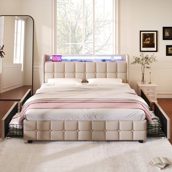 Merax Lit Double Queensize 160x200cm Comprenant Matras en Mousse Froide et 4 Tiroirs - Lit Rembourré avec Fonction de Chargement USB et LED- Siècle des Lumières - Beige