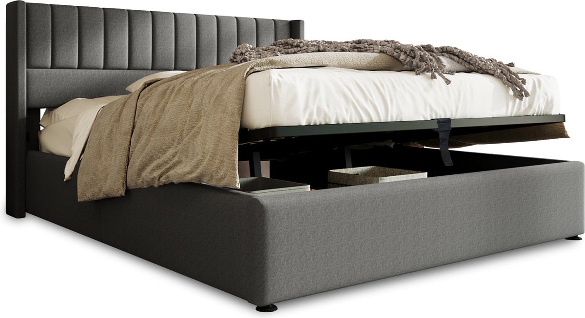 Merax Tweepersoonsbed 140x200 cm - Bed met Hydraulische Opbergruimte - Gestoffeerd Bedframe met Houten Lattenbodem - Grijs