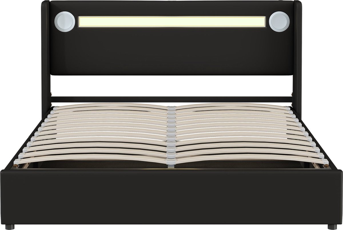 Merax Queensize Tweepersoonsbed 160x200 cm - Kunstleer Gestoffeerd Bedframe met LED-Verlichting en Bluetooth-Player - Bed met USB-Aansluiting en Hydraulische Opbergruimte - Zwart