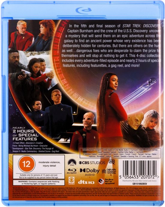 De achterkant van de blu-ray hoes met de cast van Star Trek: Discovery.