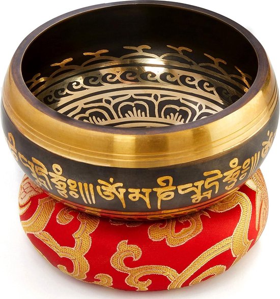 Klankschaalset met lepel en kussen in loktapapier geschenkbox - Tibetaanse Singing Bowl uit Tibet Mystic Black van Purityजर༄ — afbeelding 3