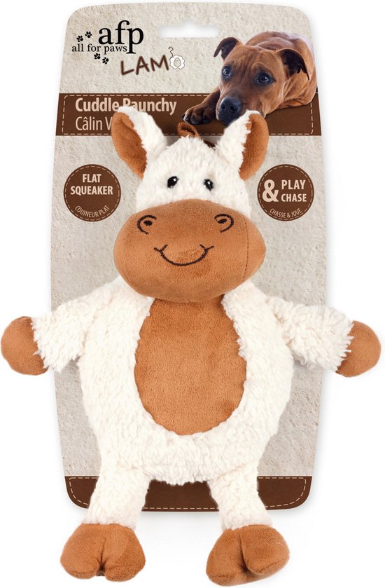 Wit en bruin koe pluche speelgoed met zachte vacht, 'Cuddle Paunchy CALIN VENTRU' erop.