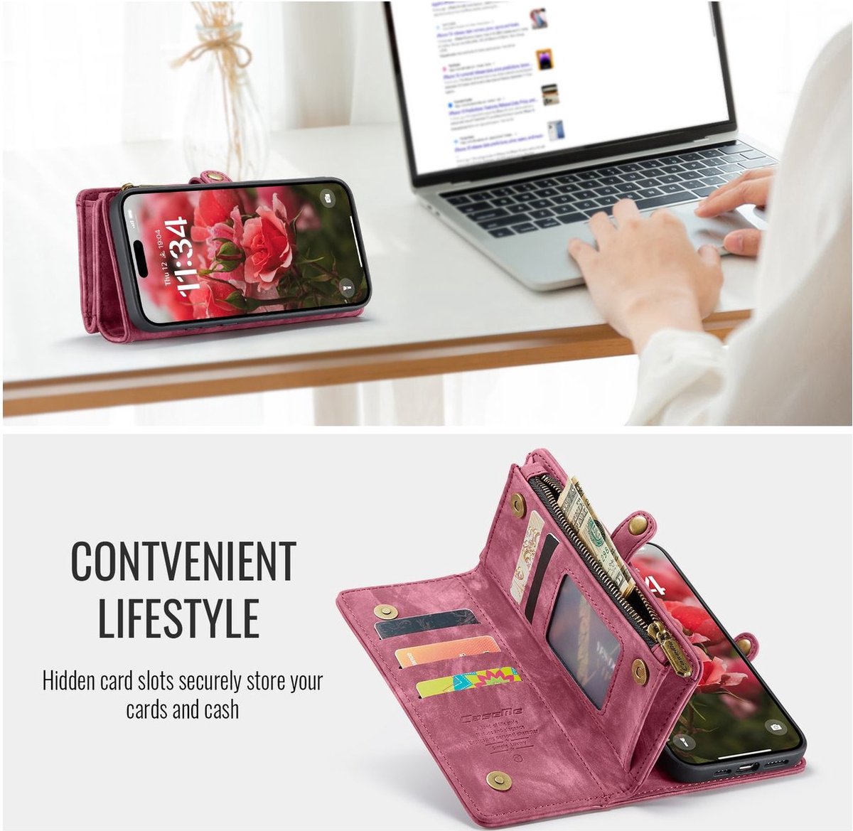 Caseme Telefoonhoesje geschikt voor Apple iPhone 16 Pro Max Hoesje | Caseme 008 Uitneembare 2in1 Bookcase Portemonnee | Pasjeshouder voor 8 Pasjes | Telefoonhoesje voor Pinpas / OV Kaart / Rijbewijs - Rood