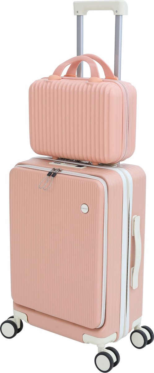Signature Home reiskoffer - handbaggage koffer - met Make-up tas - 36 L met USB-oplaadpoort en type C - met bekerhouder en voorvak - roze wit