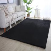 Pouffy Fluffy - Hoogpolig Vloerkleed - Uni Kleur -Zwart - Woonkamer Tapijt - Katoenen Rug- 120x170 CM