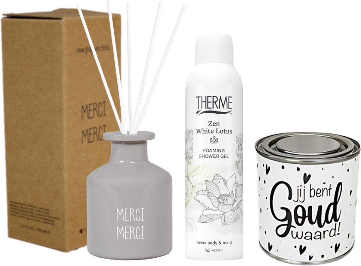 Goedkoopste My Flame Cadeauset Merci Geurstokjes & Therme Zen White Lotus - MyFlame Geurstokjes Merci - Therme Shower Foam Zen White Lotus - Snoepblikje Jij Bent Goud Waard