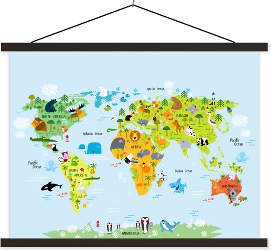 Wereldkaart pour les enfants Assiette d'école des Animaux à lattes plates noir 150x113 cm - Tirage photo sur affiche textielposter (décoration murale salon / chambre)