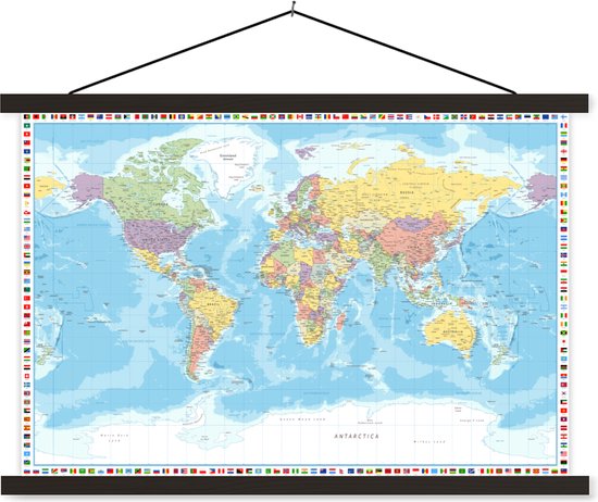 Affiche scolaire - Wereldkaart - Drapeau - Politique - 150x100 cm - Lattes noires