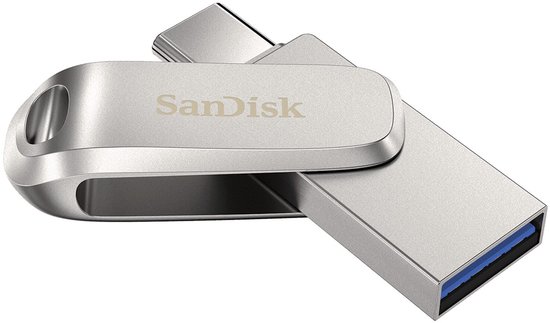 Clé USB SanDisk argentée, partiellement étendue, avec une extrémité incurvée dotée d'un trou pour clé.