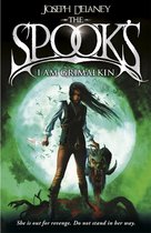 Boekomslag van 'The Spooks: I Am Grimalkin' met een vrouw met lang haar voor een grote maan en een skelet.