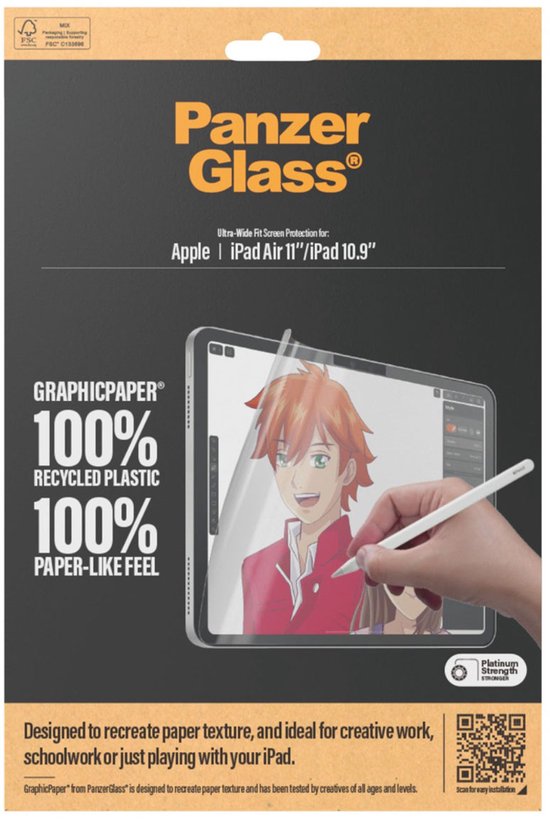 Verpakking van PanzerGlass met "GraphicPaper" logo, "100% recycled plastic", "100% paper-like feel" en een afbeelding van een iPad.