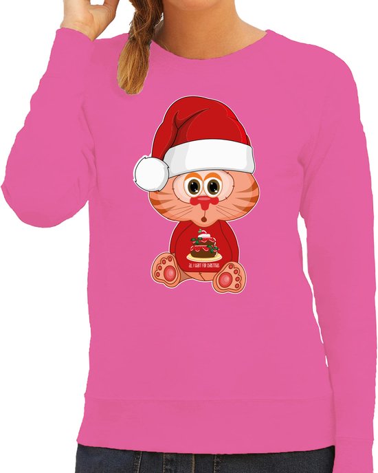 Bellatio Decorations Foute Kersttrui/sweater voor dames - all I want - taart - roze - kerst poes XXL