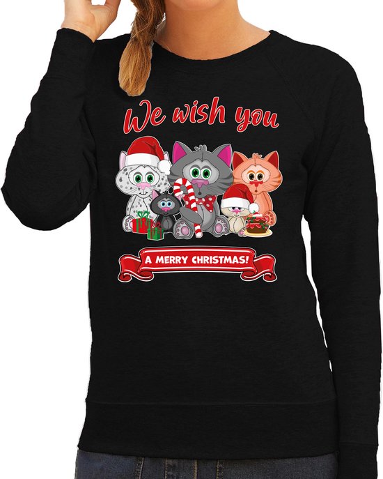 Bellatio Decorations Foute Kersttrui/sweater voor dames - We wish you - zwart - kerst katjes XXL