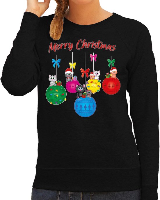 Bellatio Decorations Foute Kersttrui voor dames - kerstballen - zwart - kerstpoesjes - Merry Christmas XL