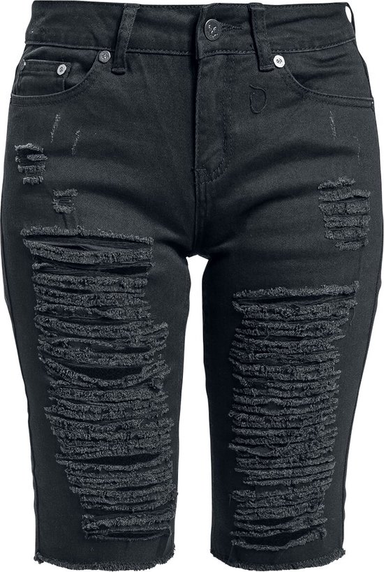 Zwarte denim shorts met rafelige scheuren over de hele lengte.