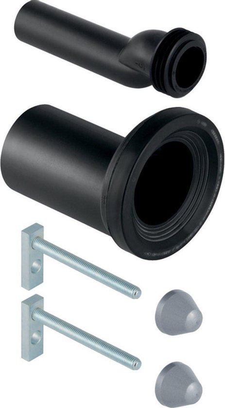 Zwart aansluitgarnituur met toiletbevestigingsmaterialen.
