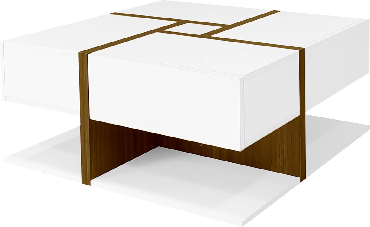 Merax Hoogglans Salontafel – Vierkant Tafel met 4 Laden en Uniek Kleur- en Lijnontwerp - Opslagruimte Onderin - 78 x 78 x 34.8 cm