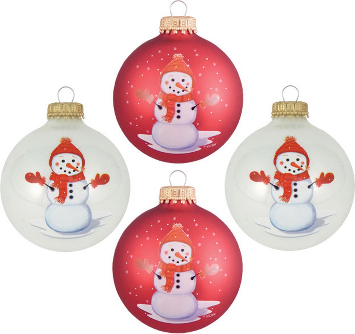 Krebs Gedecoreerde kerstballen - 4x st - rood/wit - D7 cm - glas - sneeuwpop - kerstversiering