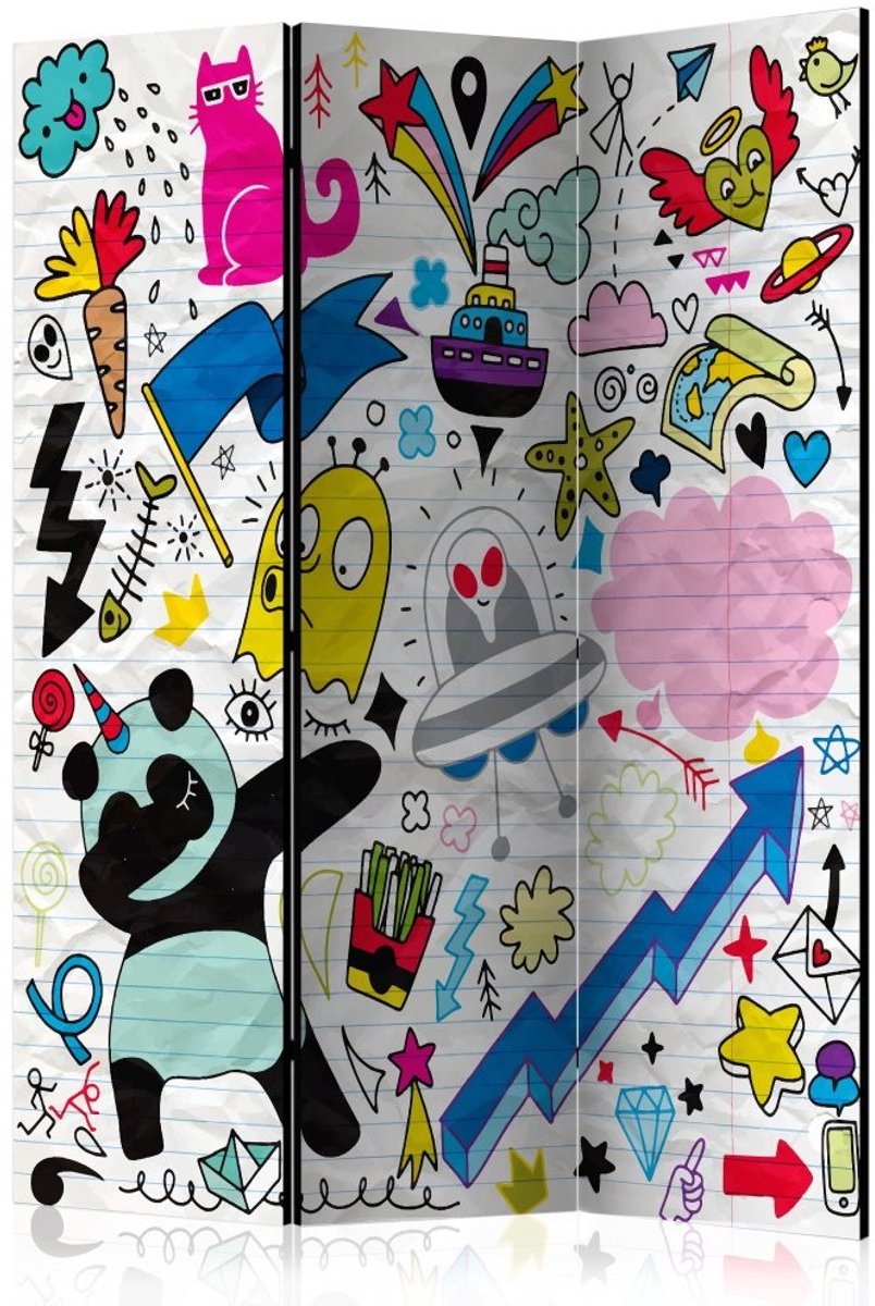 Vouwscherm - Energieke panda, kinderkamer 135x172cm, gemonteerd geleverd, dubbelzijdig geprint (kamerscherm)